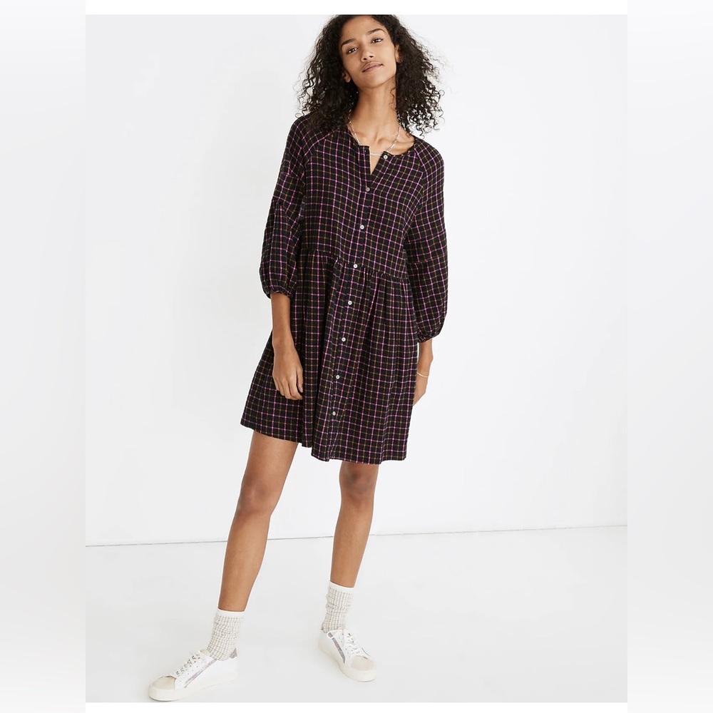 Madewell Plaid Flannel Raglan Button-Front Shirtdress 100% Cotton NWT